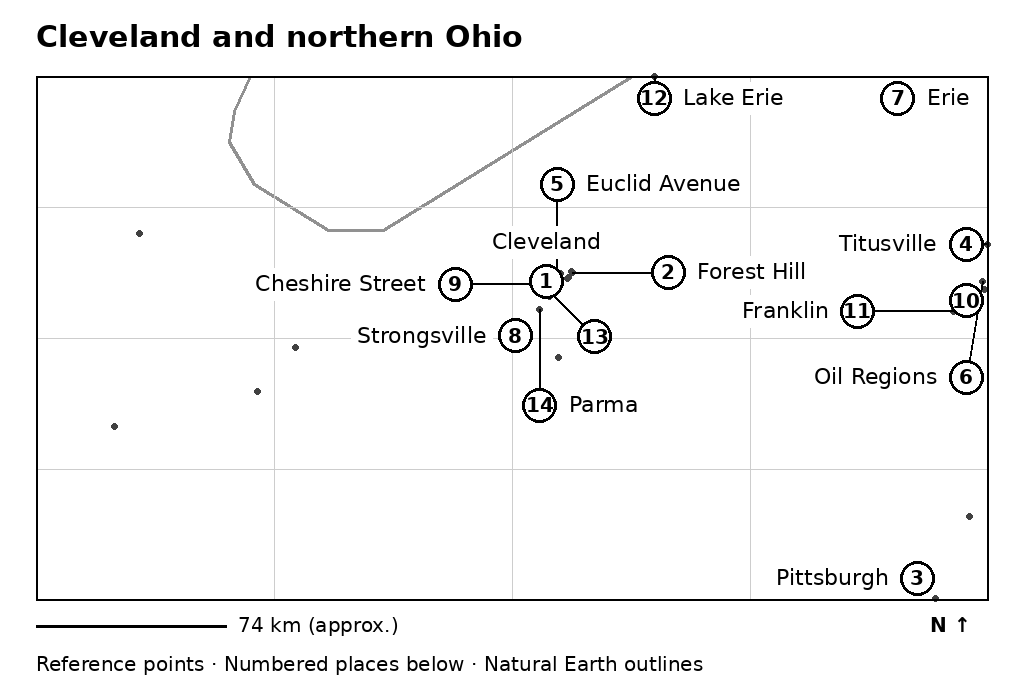 Map of Cleveland and northern Ohio with numbered place references