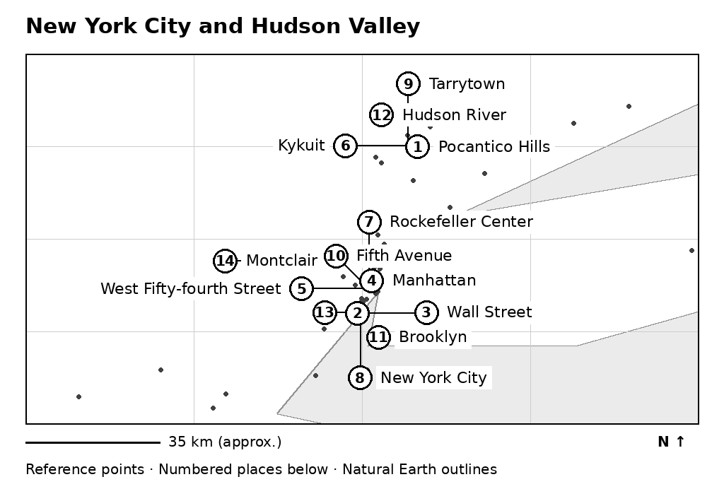 Map of New York City and Hudson Valley with numbered place references