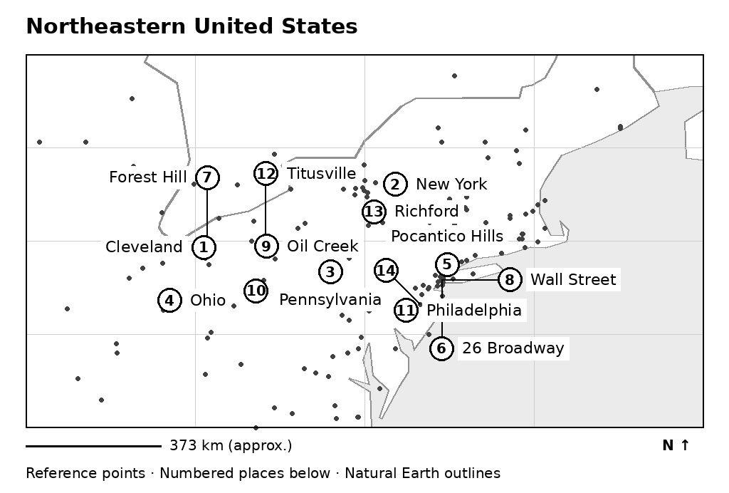 Map of Northeastern United States with numbered place references