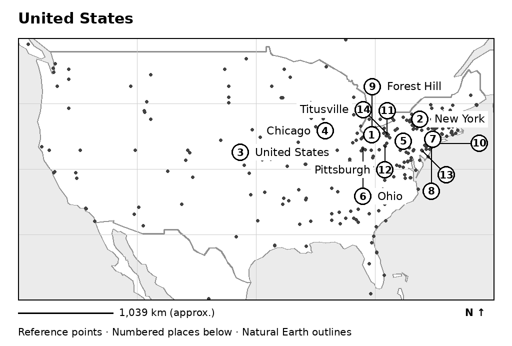 Map of United States with numbered place references